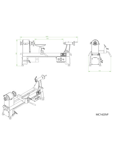 Tour à bois monophasé à variateur de fréquence Holzprofi maker MC1420VF