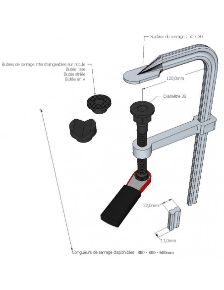 Serre-joint en acier à cliquet 600x120mm