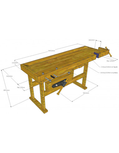 Établi d'atelier professionnel longueur 1 915mm ET1900P