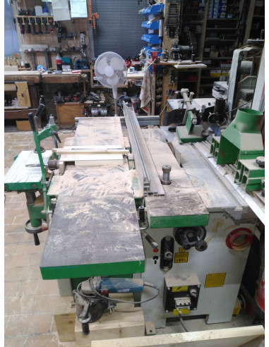 Combinée bois SICAR d’occasion 380V/220V avec chariot à format, aspirateur et entraîneur – Excellent état