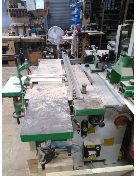 Combinée bois SICAR d’occasion 380V/220V avec chariot à format, aspirateur et entraîneur – Excellent état