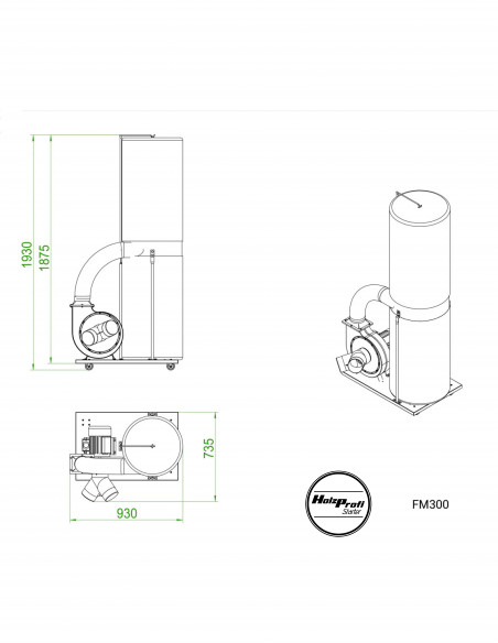 Aspirateur mobile monophasé 160 litres / 1 sac Jean l'ébéniste FM300-MONO